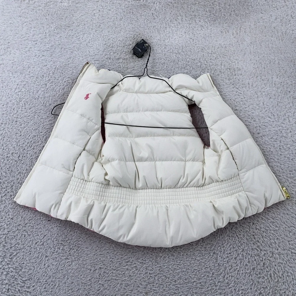 Polo Ralph Lauren Girls 2T Reversible Down Puffer Vest Pink‎ White Quilted Pony